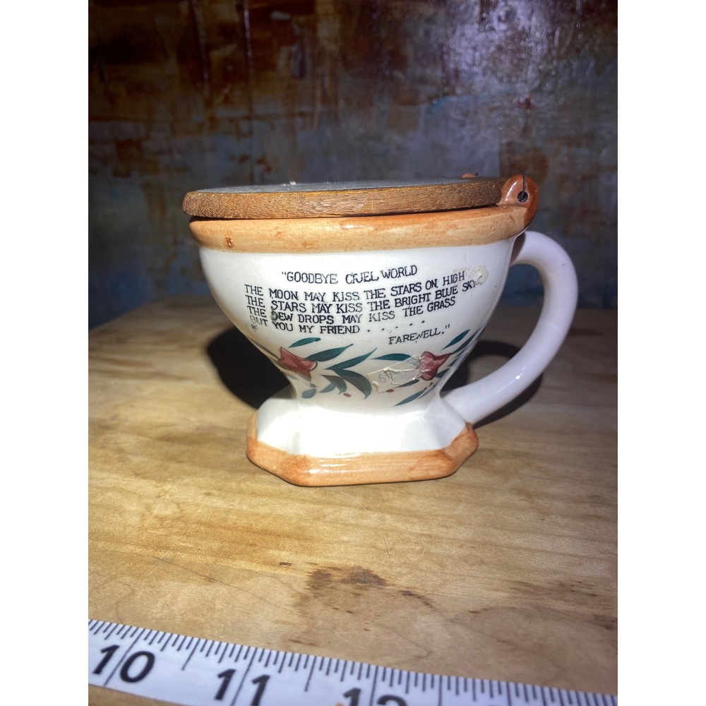 Vintage Ceramic Toilet Gag Mug Wood Lid Hidden Baby Goodbye‎ Cruel World Poem